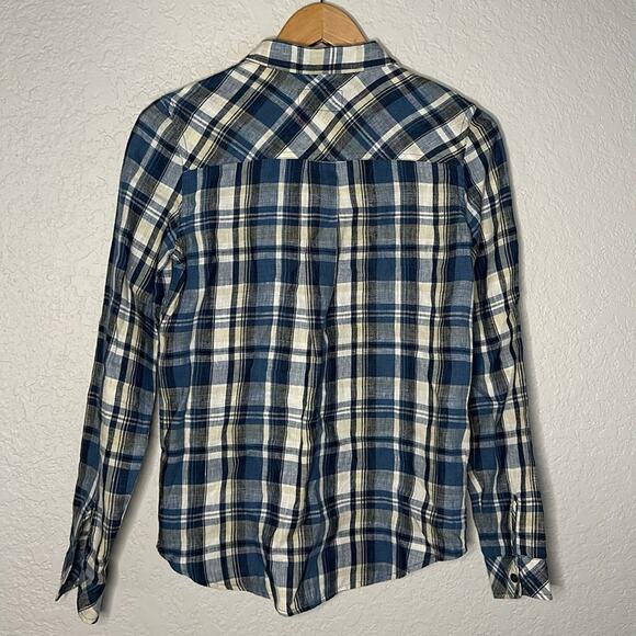 NEW Current / Elliot 100% Linen Picnic Plaid Slim Boy Shirt Blue Summer Vacation - Picture 6 of 8